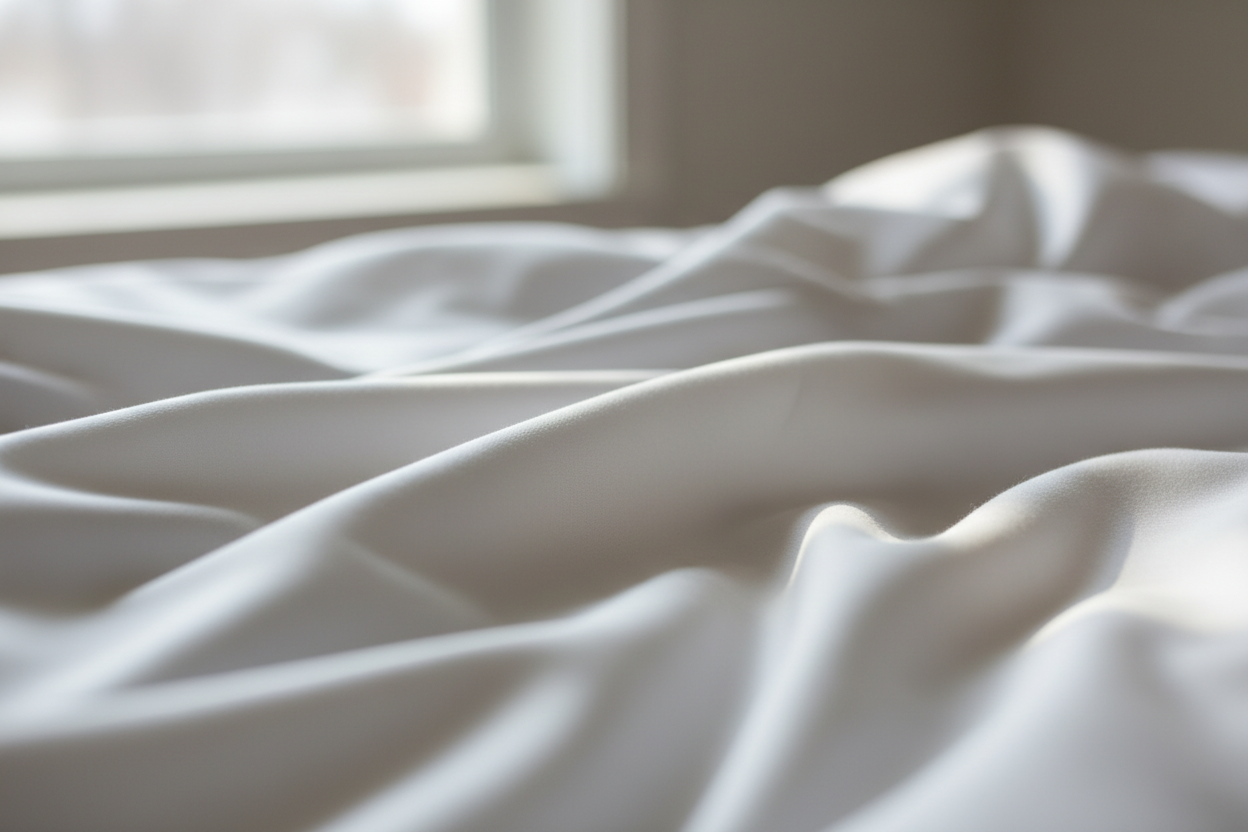 nær billede af bomuldssatin stoffet på sengen